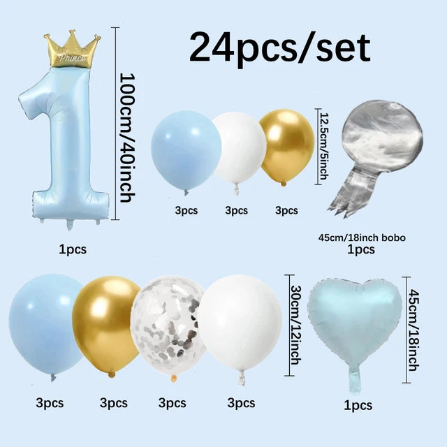 Balão de alumínio com coroa para menino e menina, decoração de aniversário, 1 ano, 24pcs