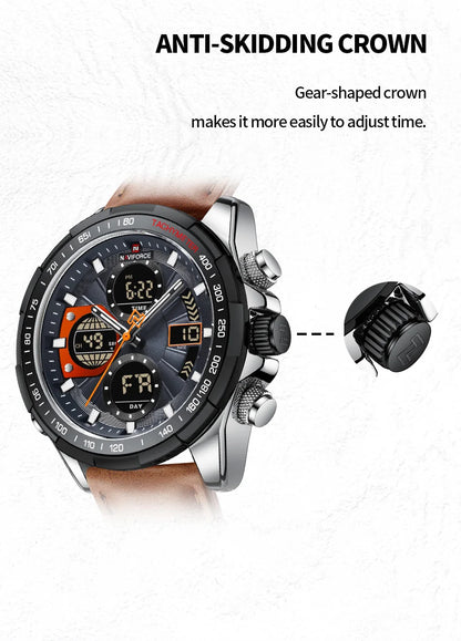 NAVIFORCE 2021 - Reloj deportivo para hombre, resistente al agua, con pantalla dual, luminoso, de cuarzo y cuero genuino, masculino