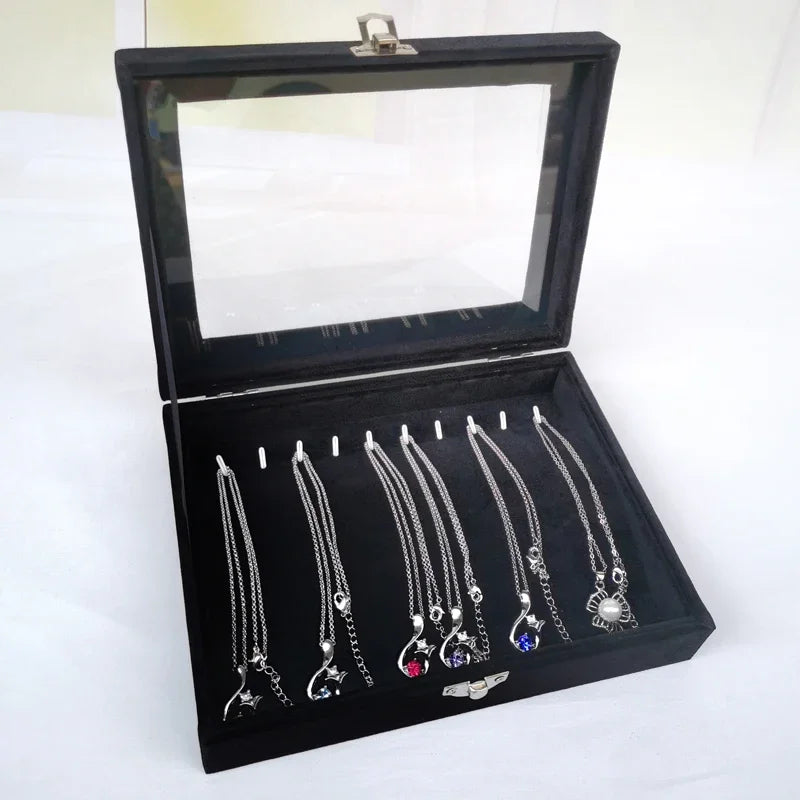 Caja de joyería negra, caja para pulseras, caja para collares, caja pequeña arqueada, caja de exhibición, caja de almacenamiento de joyas con cubierta de franela