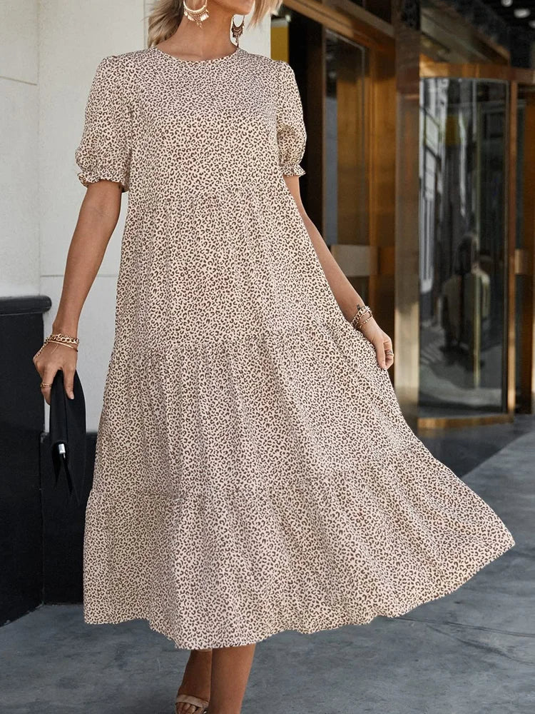 Vestido feminino plus size, estampa floral estilo boêmio fofo de manga curta em camadas vestido casual