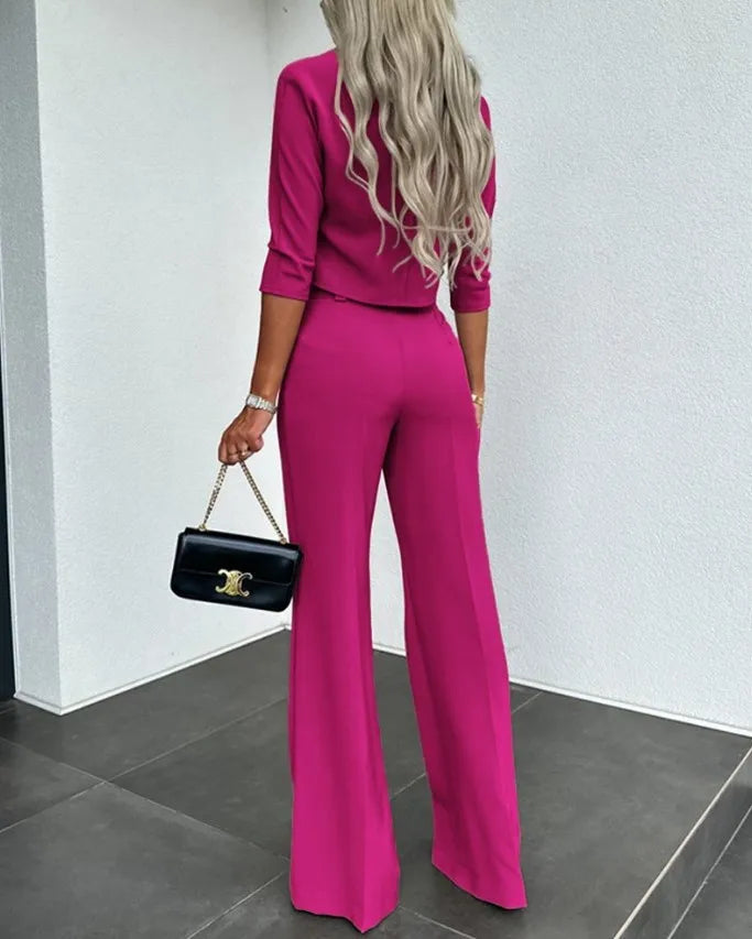 Elegante conjunto de dos piezas de color liso para mujer, traje de oficina, top corto informal y pantalones de cintura alta, otoño 2024