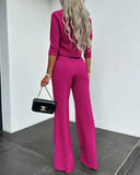 Elegante conjunto de dos piezas de color liso para mujer, traje de oficina, top corto informal y pantalones de cintura alta, otoño 2024