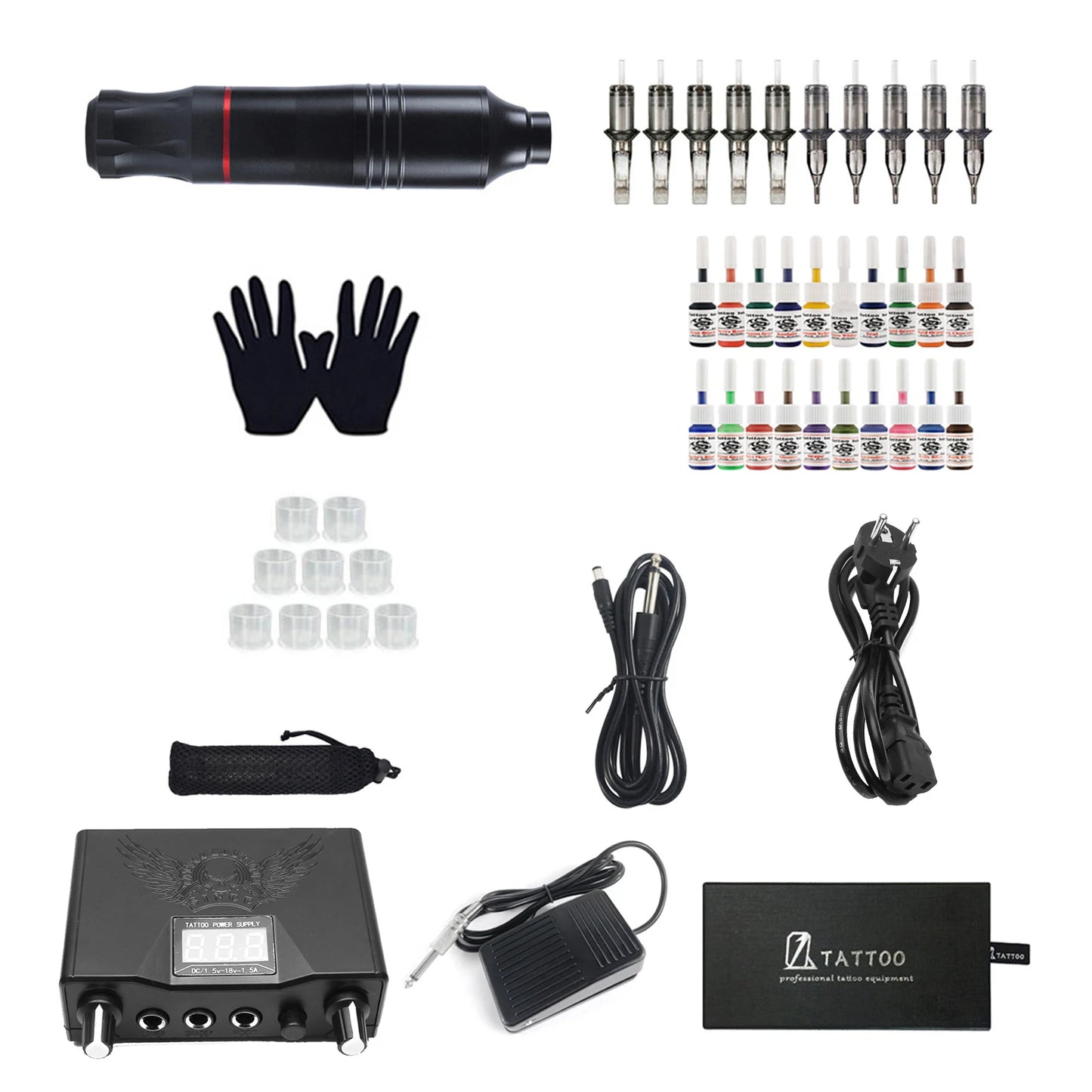 Kit de tatuaje, máquina rotativa, pluma, agujas, tintas, fuente de alimentación, pedal para principiantes.