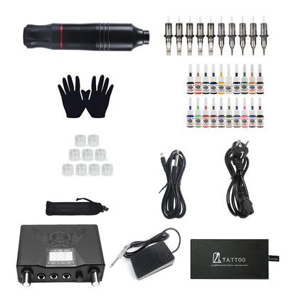 Kit de tatuaje, máquina rotativa, pluma, agujas, tintas, fuente de alimentación, pedal para principiantes.