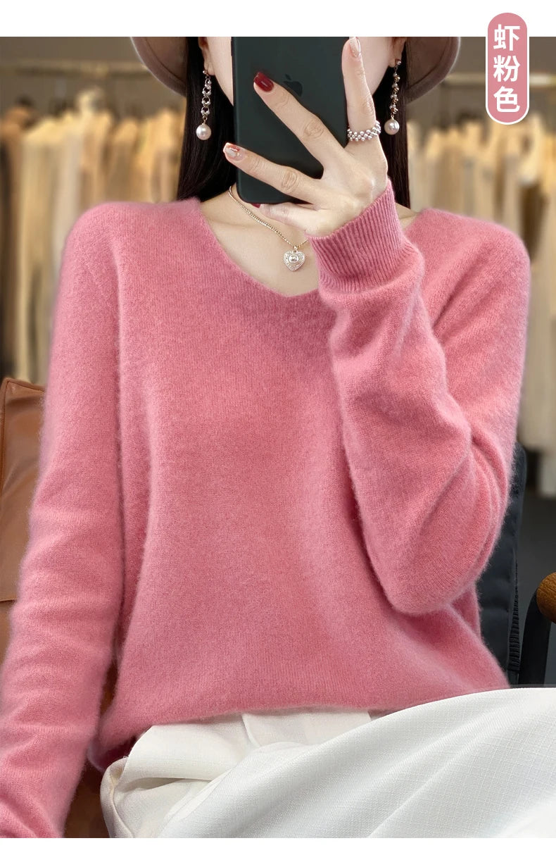 Suéter básico de otoño-invierno 2024 para mujer, 100 % lana merino, cuello en V, tejido de punto liso, jersey de oficina para mujer, manga larga, cachemir.