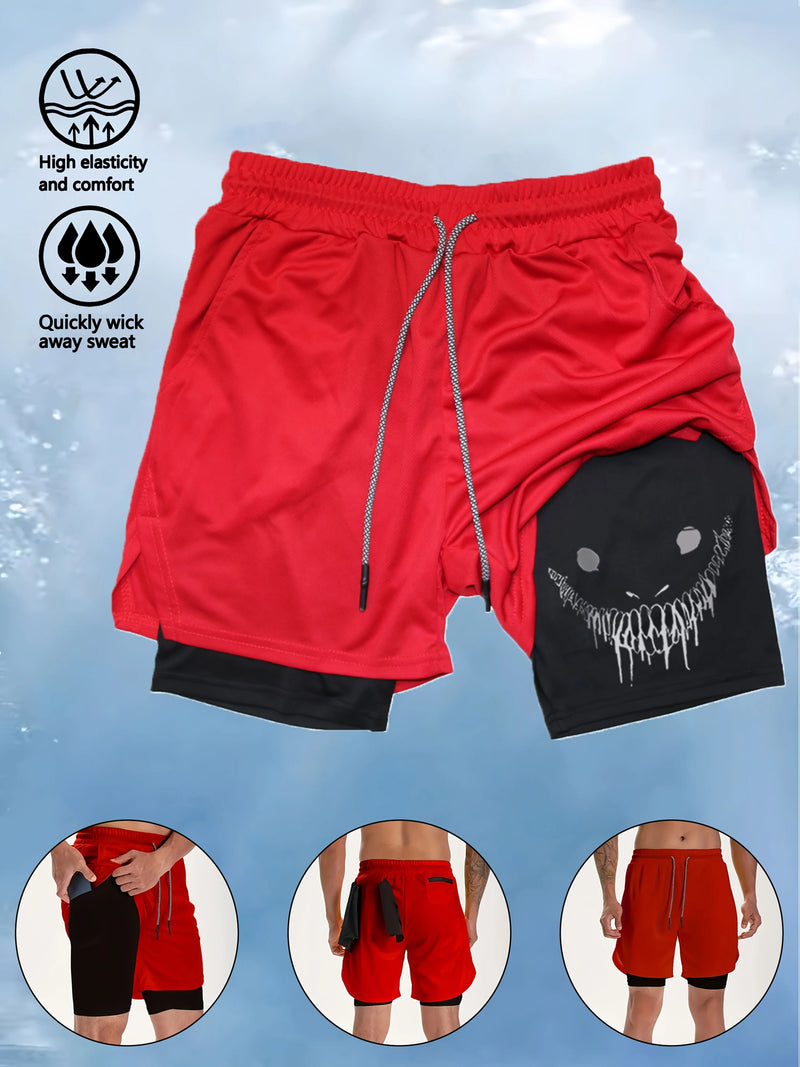 Men's 2-in-1 Fitness Training Sports Running Shorts Double Layer with Pocket Quick Dry Breathable Adjustable Drawstring Belt