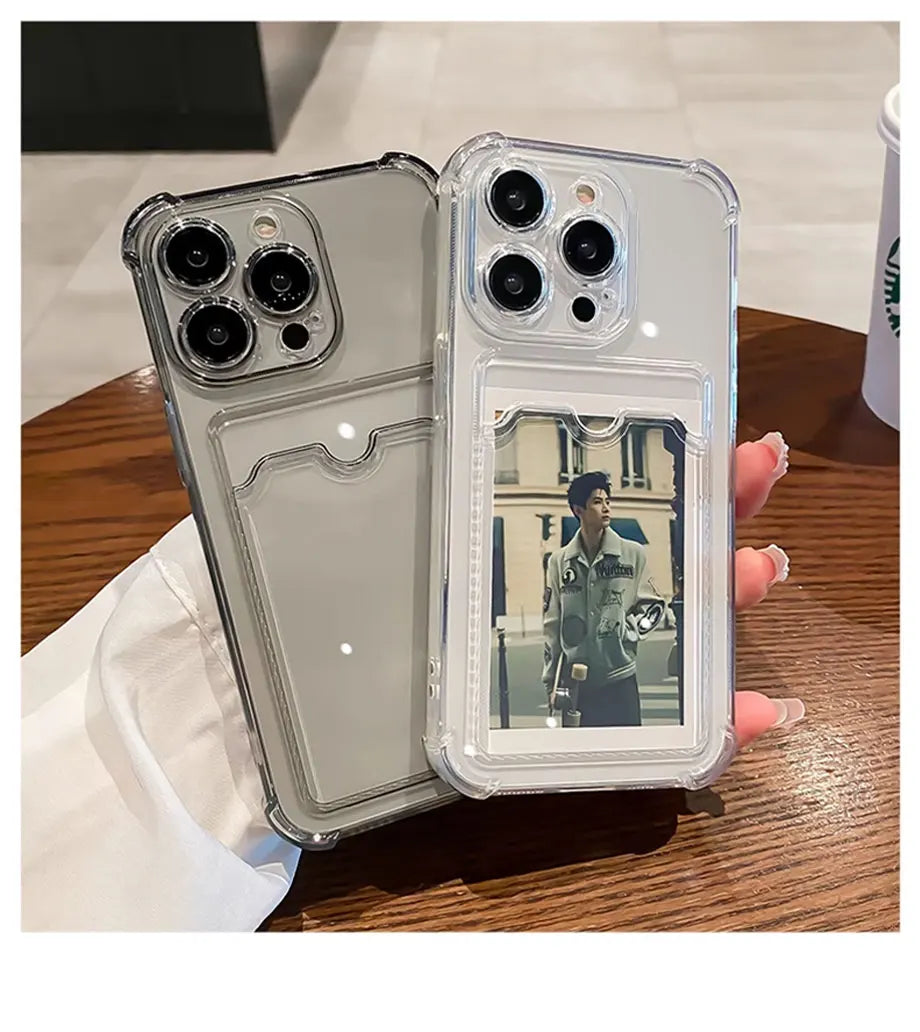 Funda transparente con ranura para tarjetas para iPhone 16, 15, 14, 13, 12, 11 Pro Max, Mini, X, XR, 7, 8 Plus, funda suave a prueba de golpes