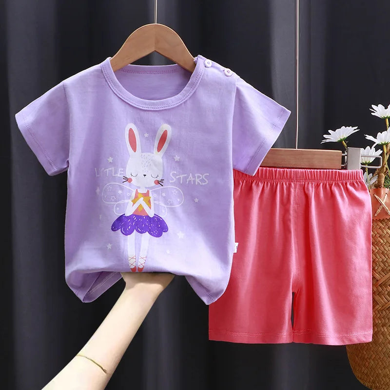 New Boys Summer Clothing Set Full Bear Print Cotton Short Sleeve T-shirts and Shorts 2PCS Breathable Outfit For Girls