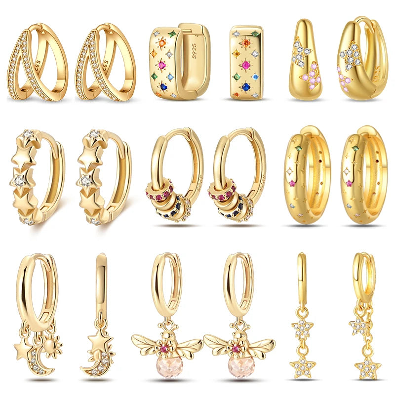 Clássico 925 Brincos de Prata para Mulheres, Estrelas, Luas, Pérolas, Abelhas, Argola Dourada, Noivado, Aniversário, Presente Joalheria Fina