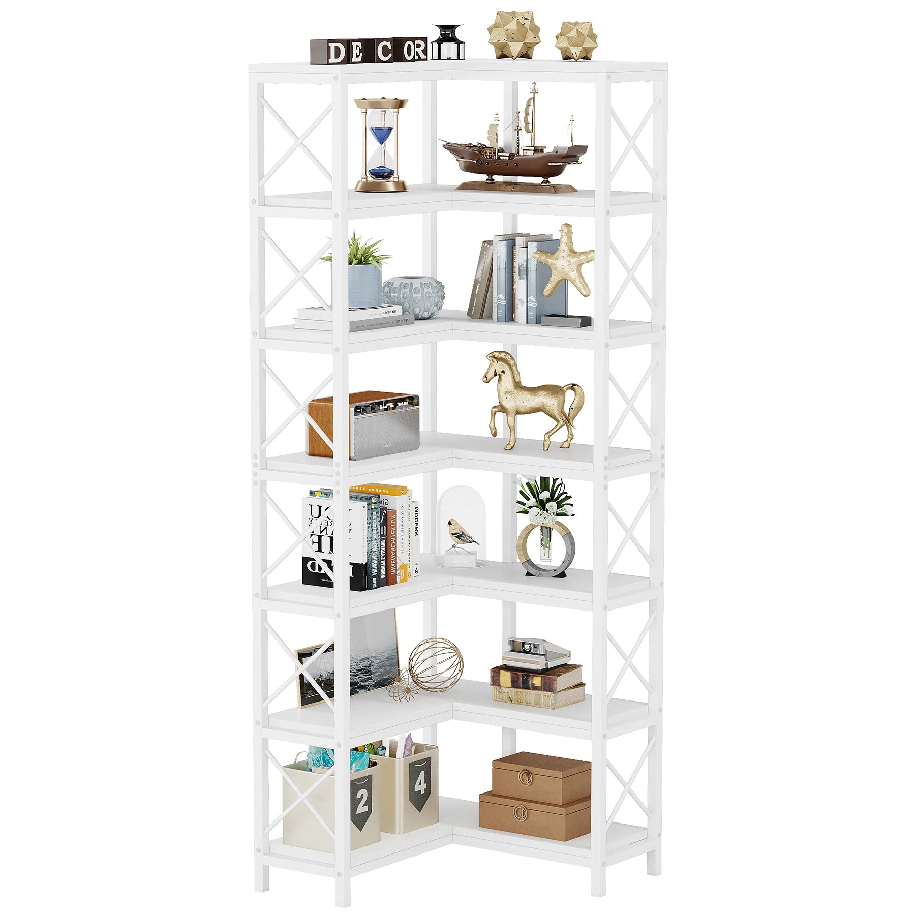 Tribesigns 7-Shelf Corner Bookshelf,Large Modern Corner Bookcase, 7-Tier Tall Corner Shelf Storage Display Rack with Metal Frame