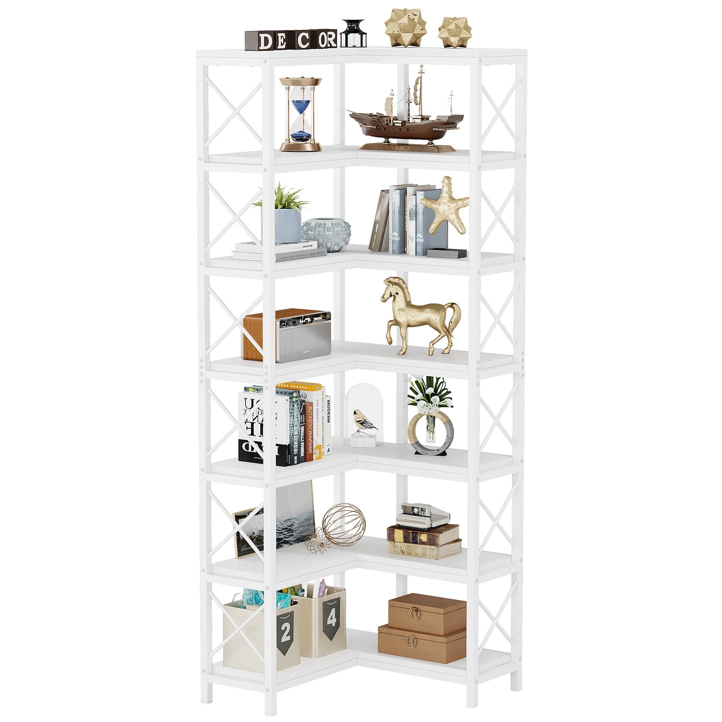Tribesigns 7-Shelf Corner Bookshelf,Large Modern Corner Bookcase, 7-Tier Tall Corner Shelf Storage Display Rack with Metal Frame