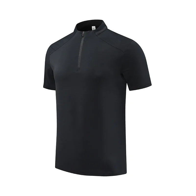 (M-4XL) camiseta de corrida de secagem rápida masculina gola meio zíper roupas de fitness masculina ajuste solto treinamento esportes mangas curtas
