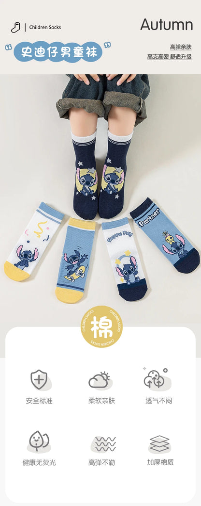 5 Pairs Children Socks Cartoon Stitch Boy's Socks Spring Autumn Middle Tube sock Cotton Cute Kids Socks Girl Sock Size 1-12 Year