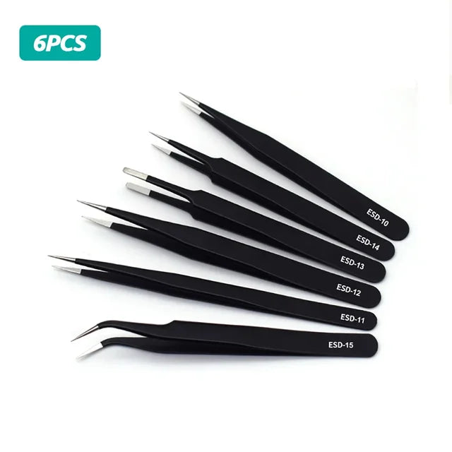 Pinzas antiestáticas ESD de acero inoxidable, herramienta curva de precisión para mantenimiento, reparación industrial, trabajo doméstico, modelo de herramienta manual. 