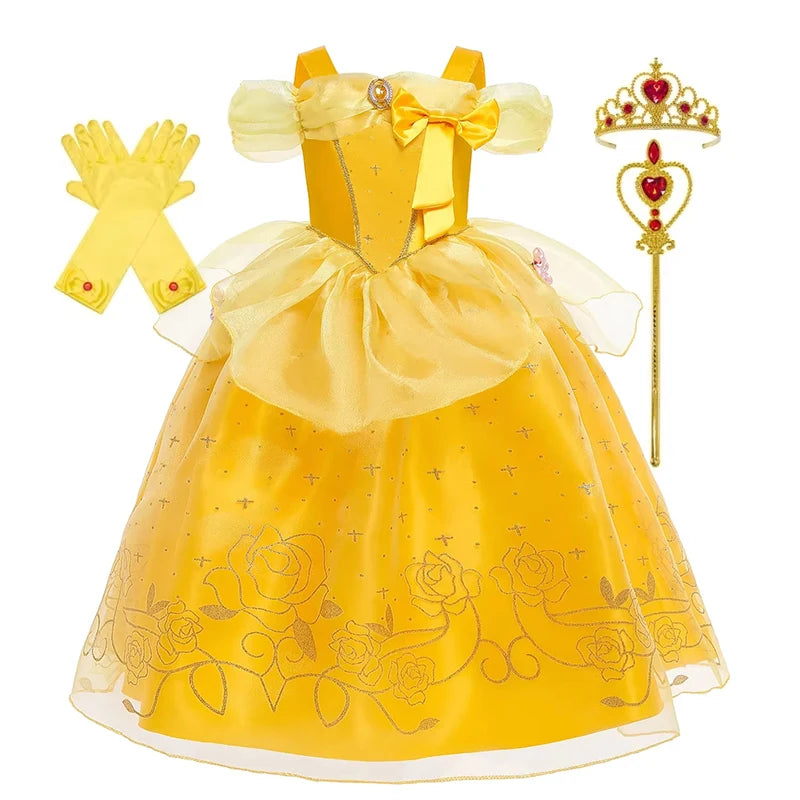 Disney Girls Cosplay Belle Princess Dress for Kids Beauty and The Beast Costumes Children Birthday Party with Flower Clothes