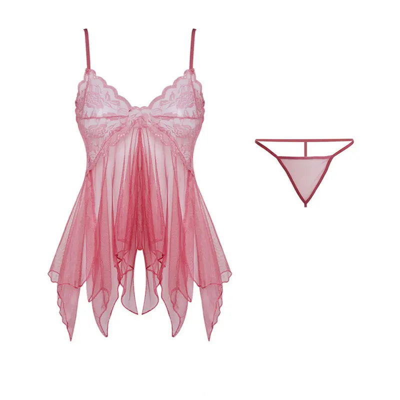 Exquisitas lencerías de tul con escote en V y encaje para mujer, conjunto de tanga semitransparente, camisones de lencería para mujer