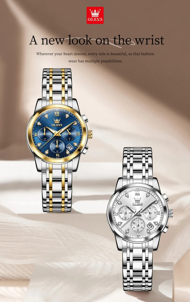 Relógio feminino Olevs de luxo quartzo a prova de agua calendário de pontos elegantes em estilo diamante