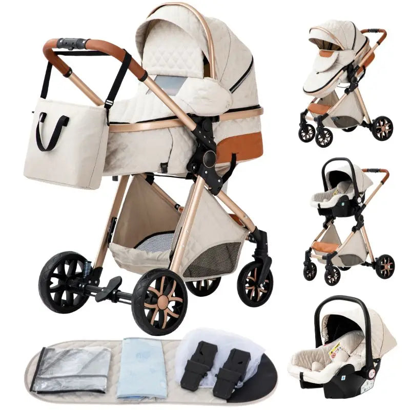 Luxurious Baby Stroller 3 in 1 Portable Travel Baby Carriage Folding Prams High Landscape Aluminum Frame Car for Newborn Baby
