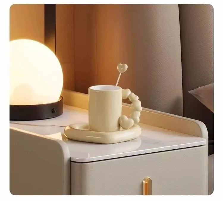 Nordic Style Intelligent Solid Wood Bedside Table Faux Leather 3 Drawers Nightstands with Wireless Charging Side Storage Cabinet