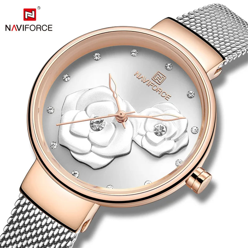 Reloj para mujer NAVIFORCE, marca de lujo superior, malla de acero, resistente al agua, relojes para mujer, reloj de pulsera femenino de cuarzo con flores, reloj encantador para chica.