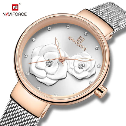 Reloj para mujer NAVIFORCE, marca de lujo superior, malla de acero, resistente al agua, relojes para mujer, reloj de pulsera femenino de cuarzo con flores, reloj encantador para chica.