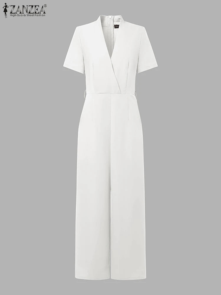 ZANZEA Street Fashion High Waist Jumpsuits Women Workwear Belt Rompers Solid Deep V Neck Elegant Office Lady Long Overalls