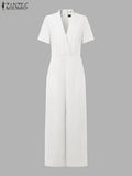 ZANZEA Street Fashion High Waist Jumpsuits Women Workwear Belt Rompers Solid Deep V Neck Elegant Office Lady Long Overalls