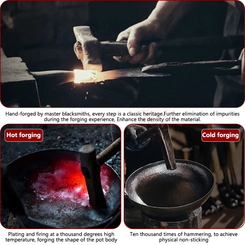 Carbon Steel Wok Pan 32cm Stir-Fry Pans with Wooden Lid Uncoated Flat Bottom Chinese Pan for Induction Electric Gas All Stoves