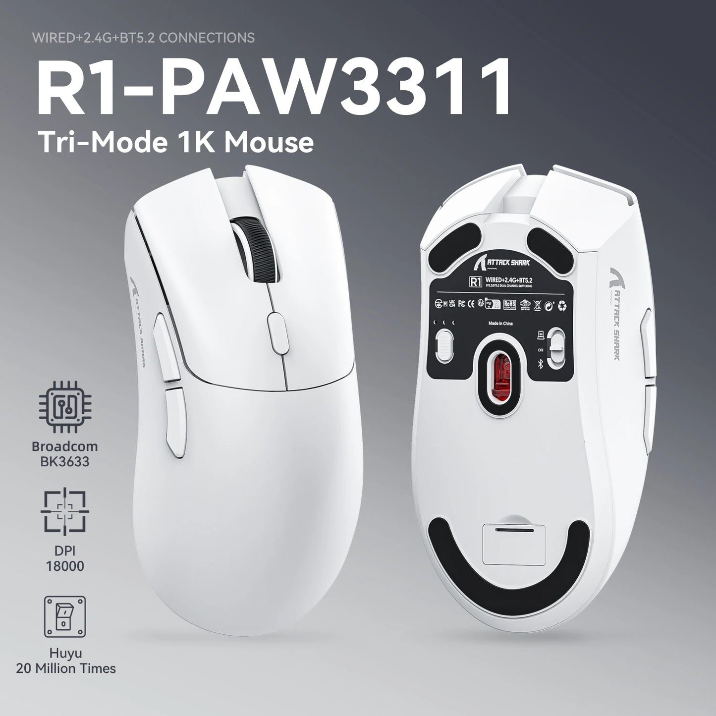 Ratón inalámbrico para juegos Attack Shark R1, PAW3311 1KHZ 18000dpi, ratón Bluetooth, ratón para juegos macro, alfombrilla para ratón/PC