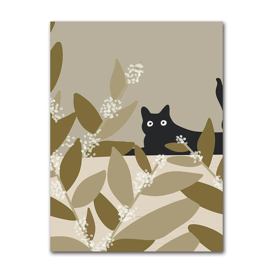 Cute Cats Pop Illustration Prints Canvas Painting Aesthetic Wall Art Pictures Home Room Dec Abstract Black Cat Drawing Poster