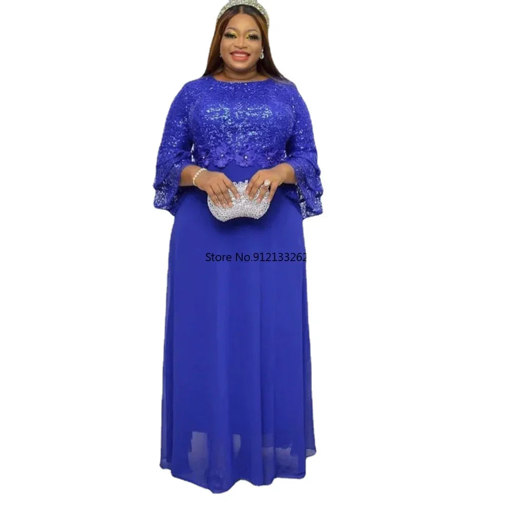 L-3XL African Dresses for Women Spring Autumn African Women Three Quarter Sleeve Polyester Solid Color Long Dress Maxi Dress