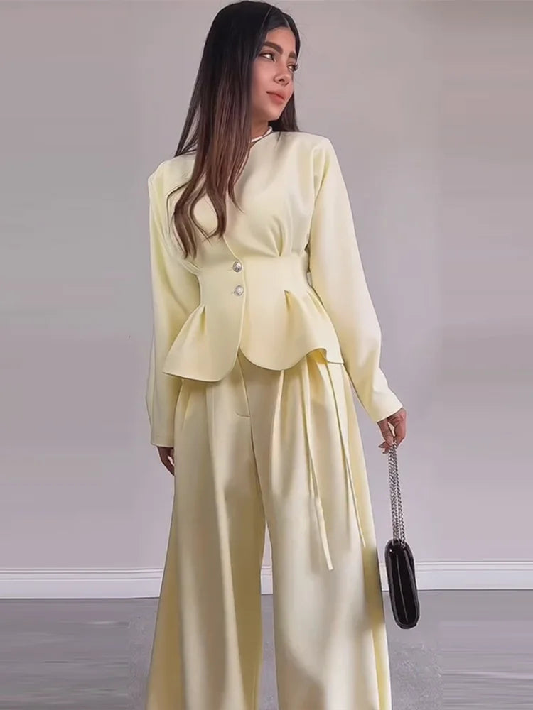 Solid Yellow Pant 2 Piece Set Women's Full Sleeves Buttons Waist-cinching Coats Wide-leg Trousers 2026 New Ladies Autumn Outfit