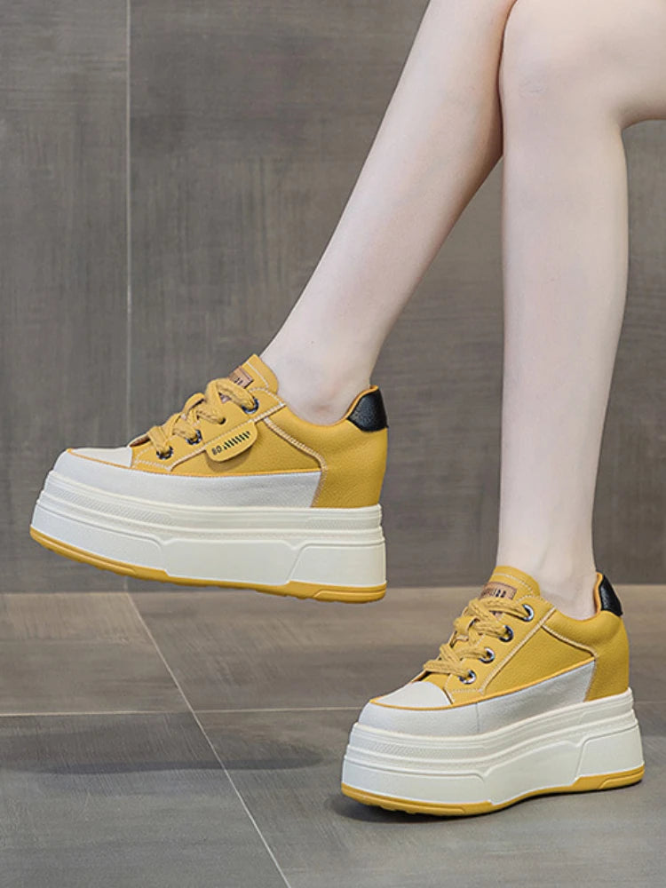 Fujin 9cm Cow Suede Genuine Leather Women Vulcanized Shoes Platform Wedge Skate Boarding High Brand Heels Casual Summer Shoes