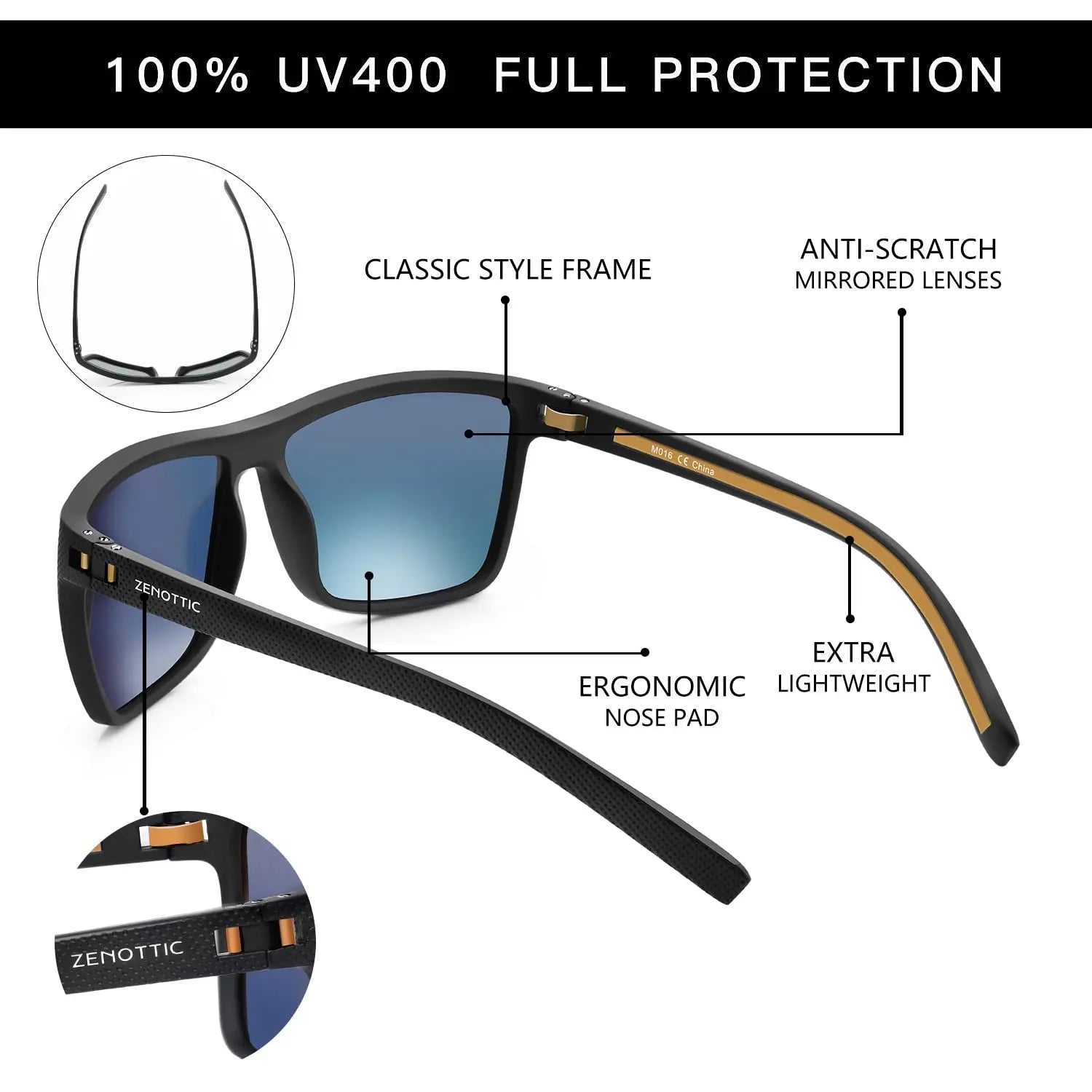 ZENOTTIC Polarized Sunglasses for Men Shades Lightweight TR90 Frame UV400 Protection Square Outdoor Travel Driving Sun Glasses