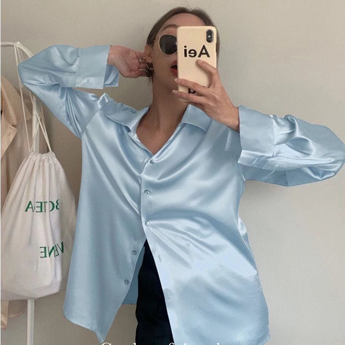 Camisas y blusas de satén de manga larga para mujer, estilo informal y elegante, tendencia de verano 2024, para oficina, ropa ajustada para mujer