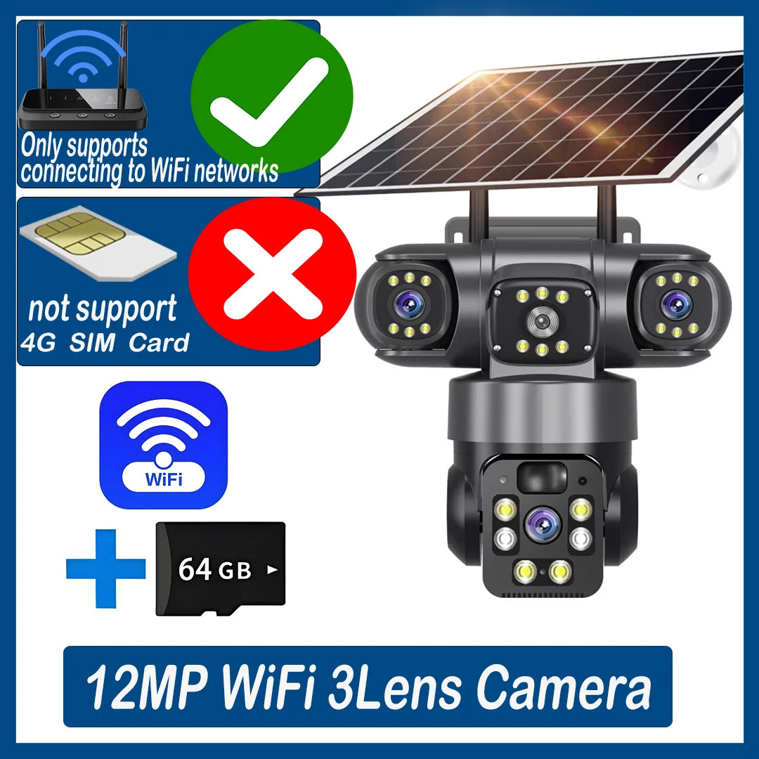 12MP 6K 3 Lens 3 Screen 4G Outdoor Solar Camera Wireless WiFi IP Cameras PIR Auto Tracking Solar Security CCTV Surveillance Cam
