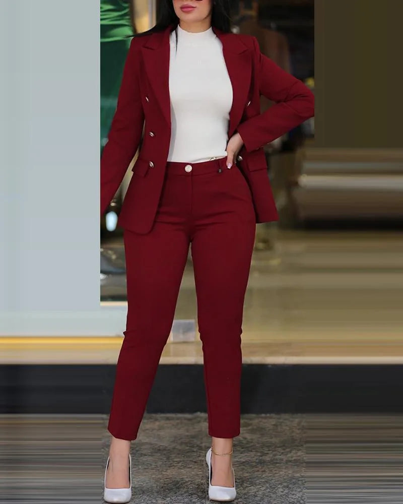 Conjunto de 2 piezas de ropa de oficina para mujer, chaqueta blazer de manga larga y pantalones pitillo de cintura alta, color liso
