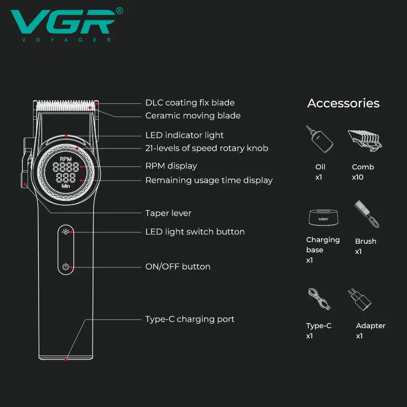 VGR 001 977 new hair trimming set high-end men's hair clipper intelligent digital display electric carving and whitening trimmer