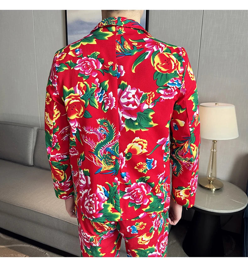 Men Suit 2 Piece Fashion Party Mens Vintage Print Big flower in northeast China Suits Jacket Pants Men Sets