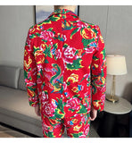Men Suit 2 Piece Fashion Party Mens Vintage Print Big flower in northeast China Suits Jacket Pants Men Sets
