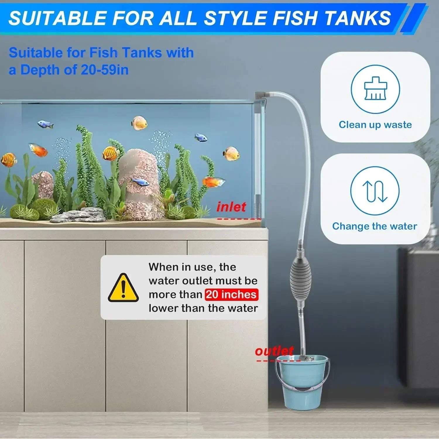Fish Tank Siphon Vacuum Gravel Large Water exchanger Aquarium Sand Cleaning and Water Changing Cleaning Kit with Extension Tube