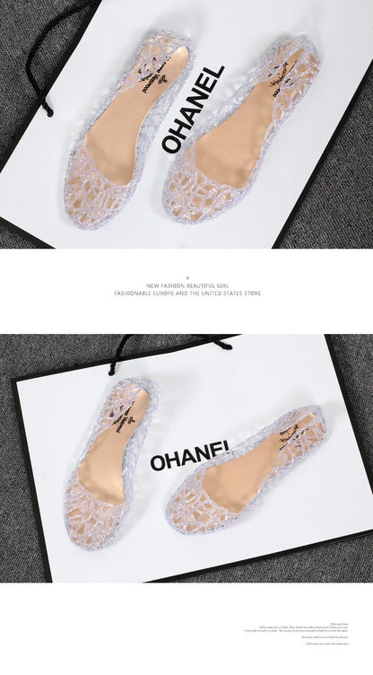 Women's Flat Bottom Plastic Jelly Sandals Hollow out Slip-On Beach Shoes Comfortable Lightweight Summer Footwear