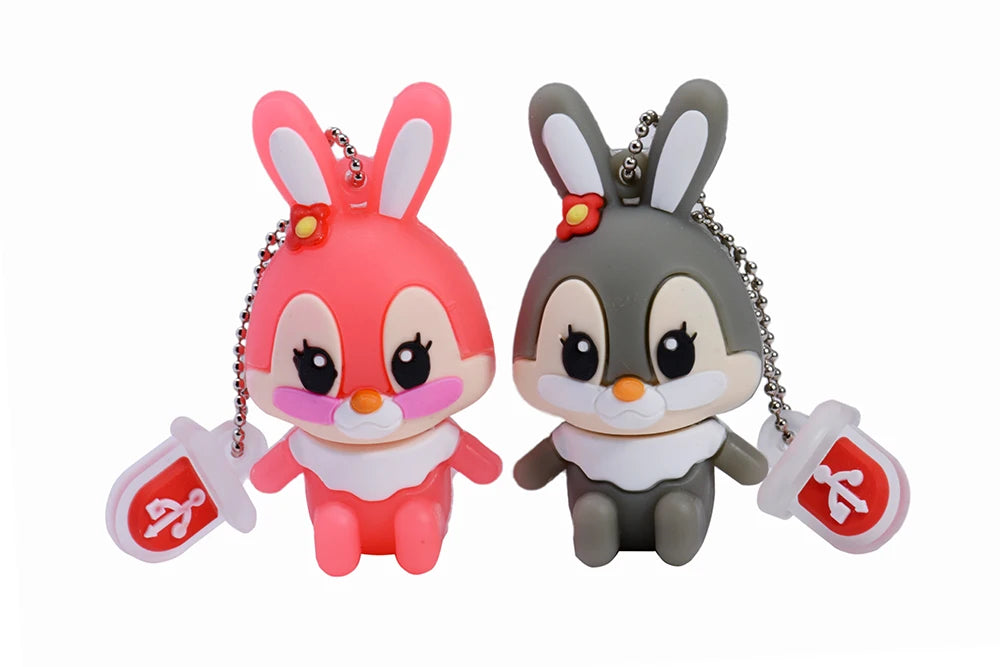 Lovely Rabbits USB Flash Drive 64GB Cartoon Pink Memory Stick 32GB Creative Gift Pen Drive 16GB Free Key Chain External Storage