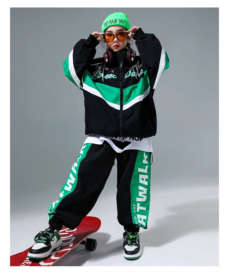 Hip Hop Girls Contrast Bomber Jacket Sport Pants Boys Street Dance Coat Streetwear Kids Jazz Clothes Set Children School Uniform