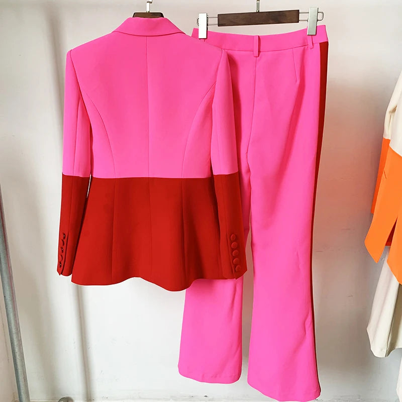 HIGH QUALITY Newest 2025 Star Style Fashion Designer Runway Suit Set Women's Single Button Color Block Blazer Flare Pants Suit