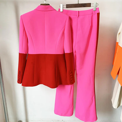 HIGH QUALITY Newest 2025 Star Style Fashion Designer Runway Suit Set Women's Single Button Color Block Blazer Flare Pants Suit