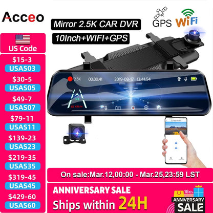 Acceo A37 Car Dvr 10.0 Inch Rear View Mirror 2.5K Dash Cam 1080P Car Camera With Rear View Camera Video Recorder Registrar Dvrs