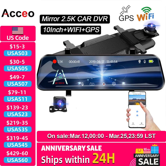 Acceo A37 Car Dvr 10.0 Inch Rear View Mirror 2.5K Dash Cam 1080P Car Camera With Rear View Camera Video Recorder Registrar Dvrs