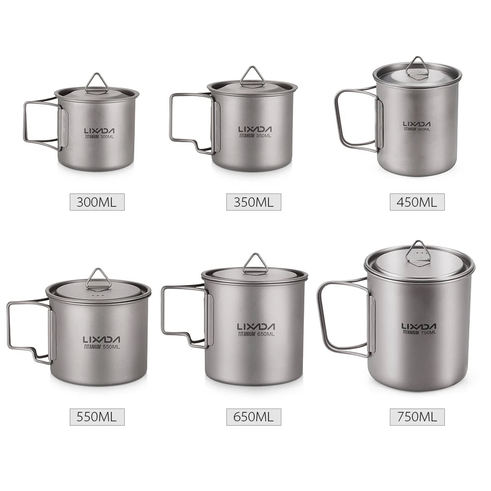 Taza de agua ultraligera de titanio Lixada con asa plegable, portátil para exteriores, camping, picnic, 300 ml/350 ml/550 ml/650 ml