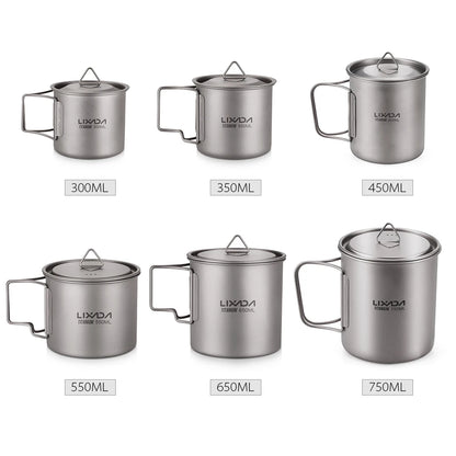Taza de agua ultraligera de titanio Lixada con asa plegable, portátil para exteriores, camping, picnic, 300 ml/350 ml/550 ml/650 ml